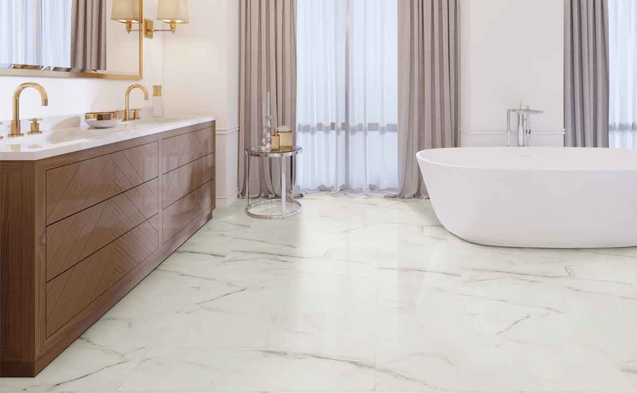 Stone look vinyl flooring in Virginia in bathroom with bathtub and sink